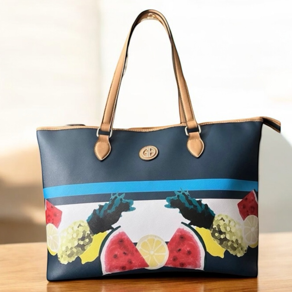 Giani Bernini Saffiano Colorful Fruit Print Large Tote Shoulder Bag Blue Tan